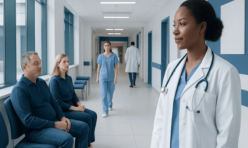 Doctor consulting patients in hospital corridor for embolism awareness.