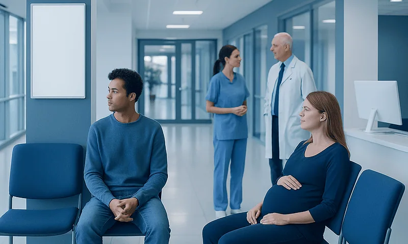 Pregnant woman waiting in hospital corridor with medical staff nearby.