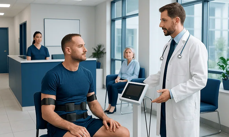 Doctor explaining muscle stimulator to patient in hospital setting.