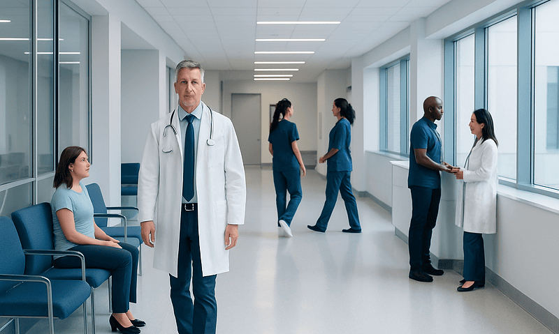 Medical professionals and patient in a modern hospital corridor.