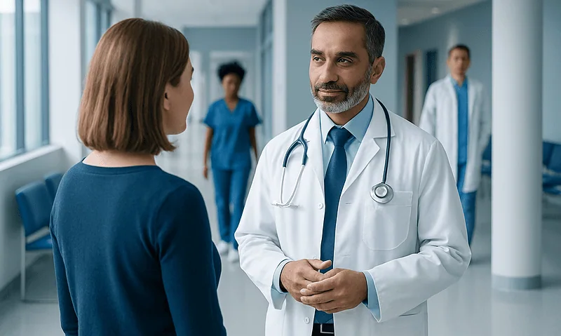 Endocrinologist consulting a patient in a hospital corridor.