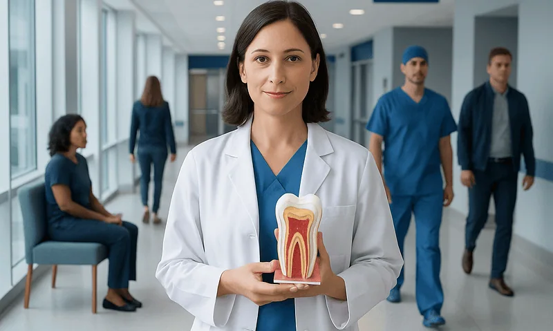 Female dentist holding a tooth model in a hospital corridor with medical staff and patients.