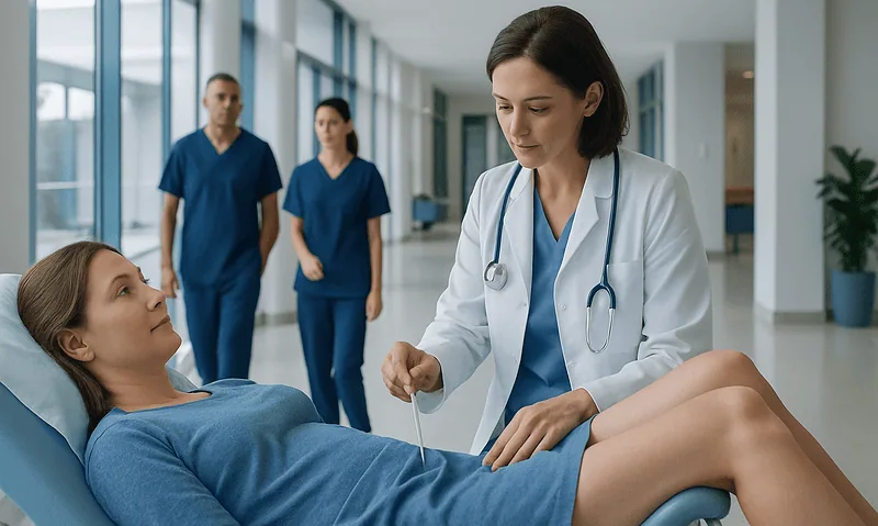 Doctor preparing for endometrial biopsy in hospital corridor.