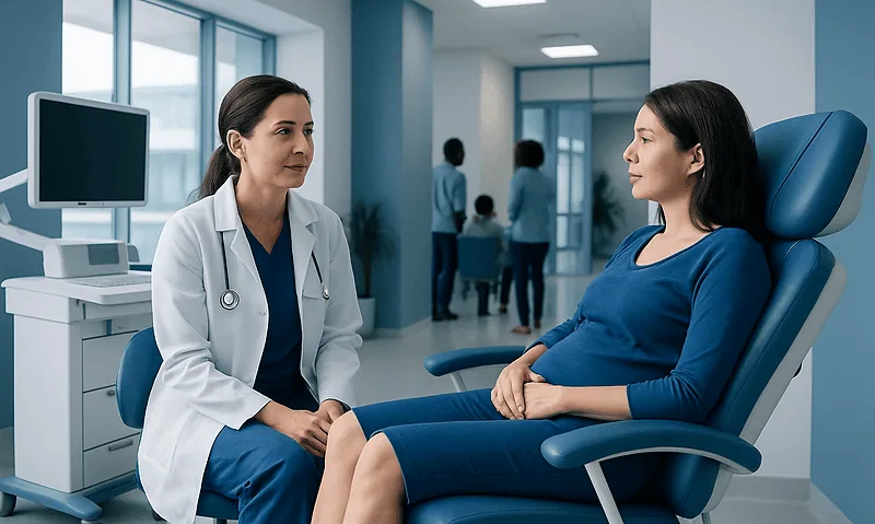 Doctor consulting with a patient in a hospital room.