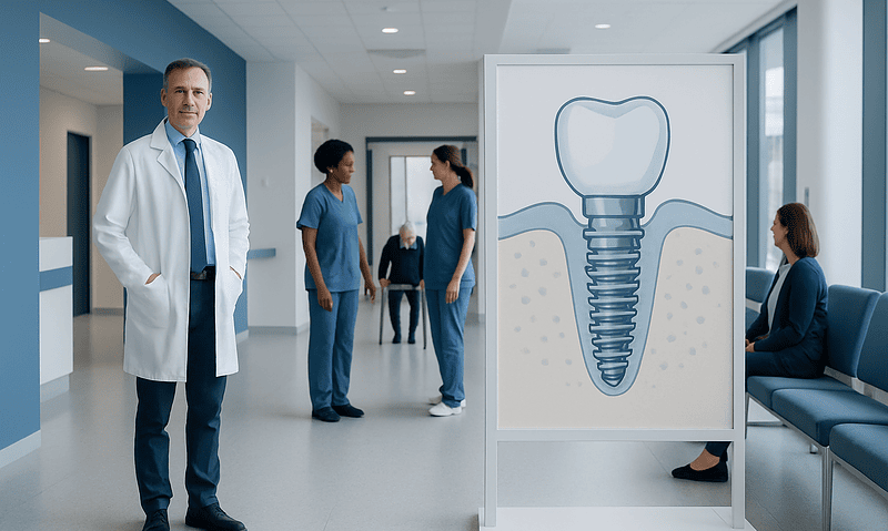 Dental implant illustration in a hospital corridor with medical staff and patient.