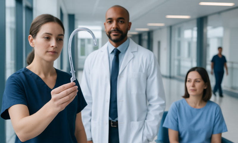 Medical professionals examining a tracheal tube in hospital corridor.