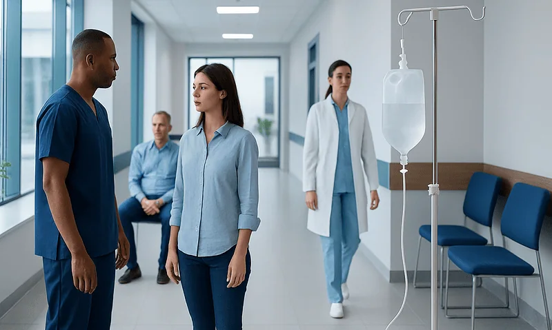 Medical staff and patients in hospital corridor with IV drip stand.
