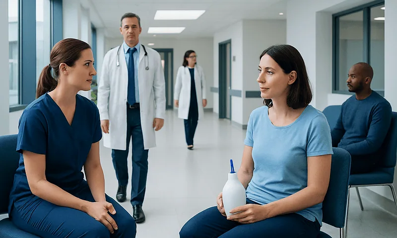 Medical consultation in hospital corridor with healthcare professionals and patient.
