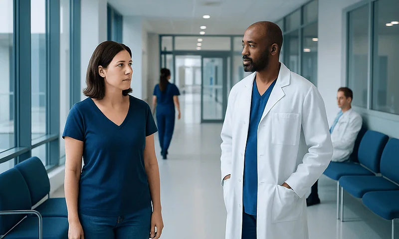 Doctor and patient having a discussion in a hospital corridor.