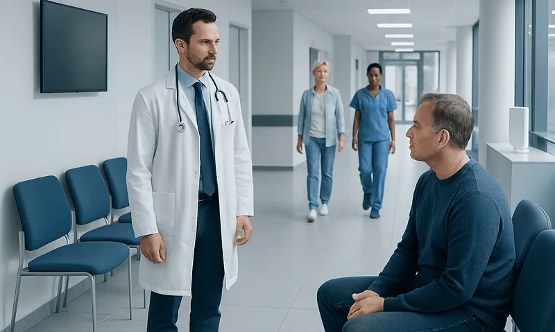 Doctor consulting patient in hospital corridor with medical staff in background.