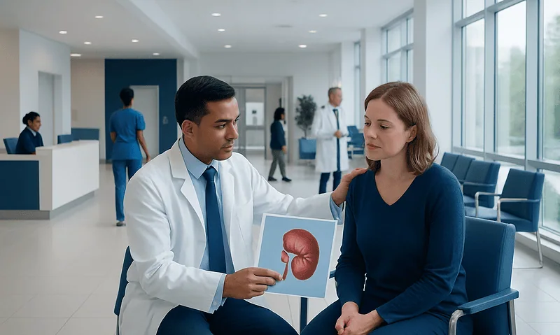 Doctor explaining kidney health to a patient in a hospital waiting area.