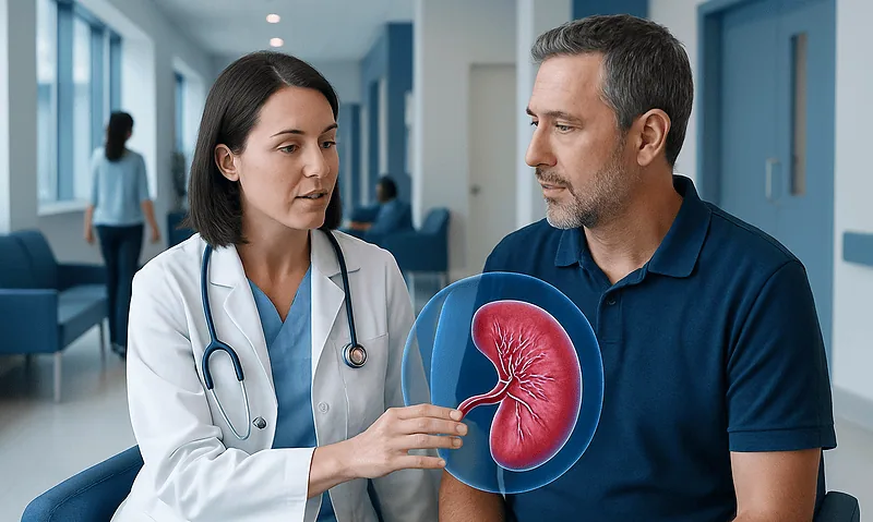 Doctor explaining kidney health to a patient in a hospital corridor.