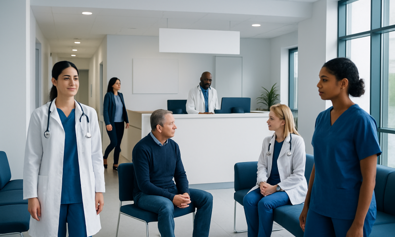 Medical team in hospital lobby with patient and staff members.