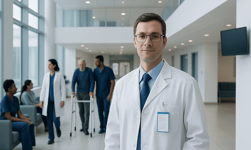 Medical professional in hospital corridor with patients and staff in background.