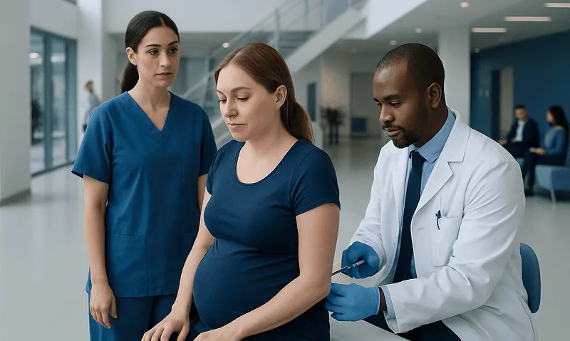 Doctor preparing for epidural procedure with pregnant woman and nurse in hospital.
