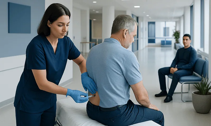Healthcare professional administering epidural injection to patient in hospital.