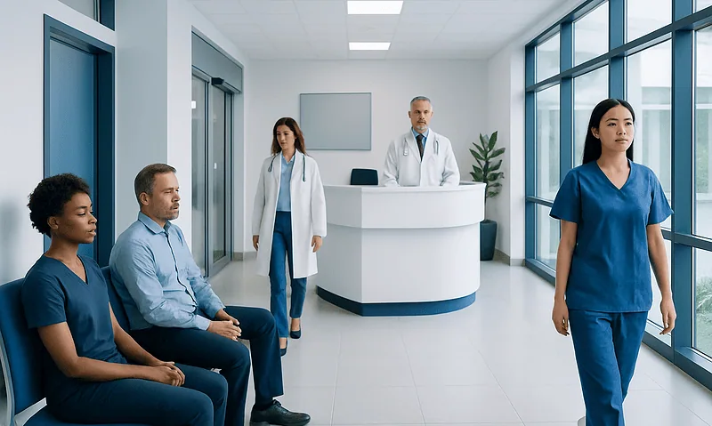 Medical team in a hospital waiting area with patients and staff.