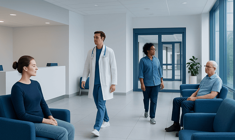 Patients in a hospital waiting area with medical staff and large windows.