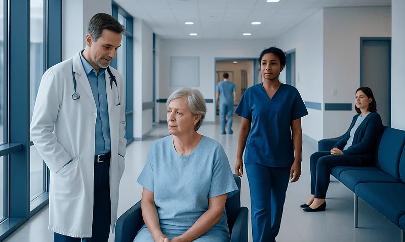 Medical team consulting elderly patient in hospital corridor.