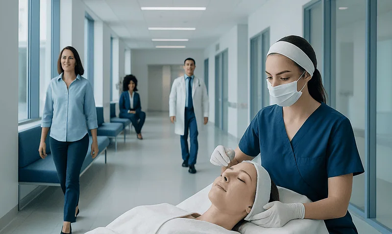 Esthetician: A Complete Medical Overview 1 Medical professional performing facial treatment in hospital corridor.