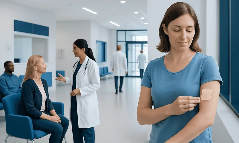 Woman applying a bandage on her arm in a hospital corridor.