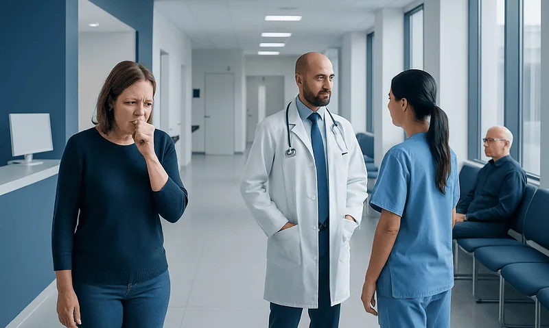 Doctor consulting with a patient in a hospital corridor.