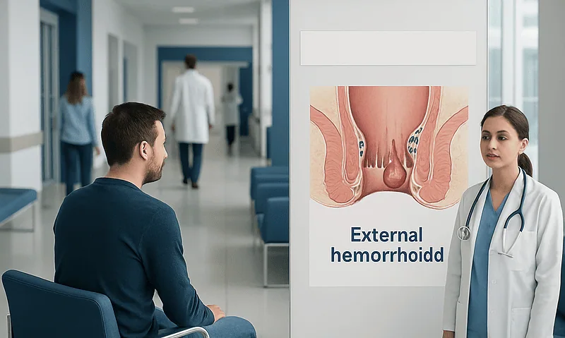 Doctor explaining external hemorrhoid diagram to patient in clinic.