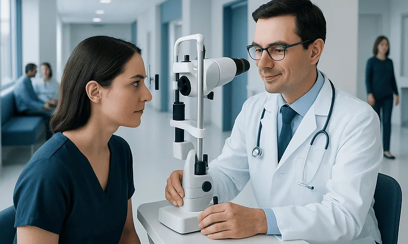 Eye Doctor: What Patients Need to Know 9 Eye doctor examining a patient with a slit lamp in a modern clinic.