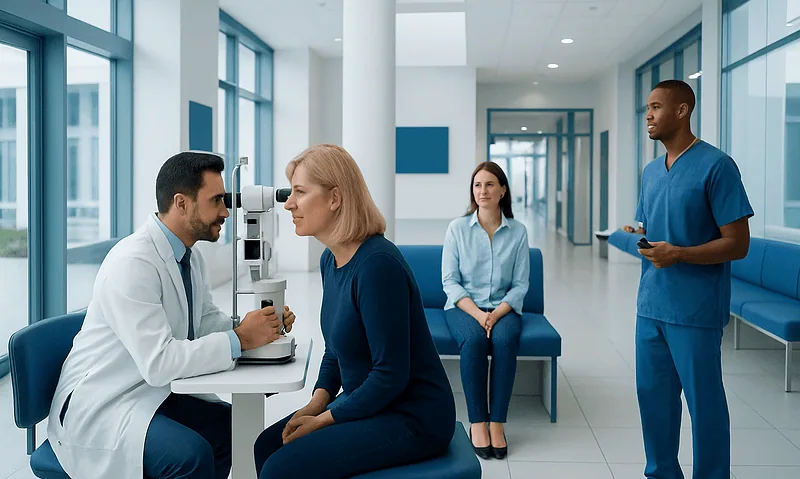 Optometrist examining a patient's eyes in a modern clinic setting.