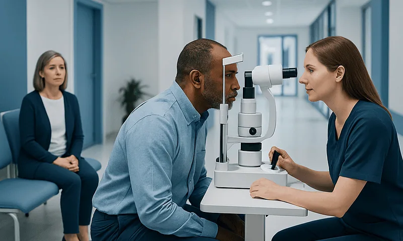 Optometrist examines patient's eye with slit lamp in clinic.