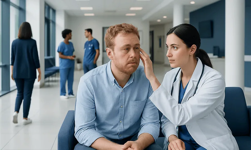 Doctor examines patient's eye in a hospital setting.