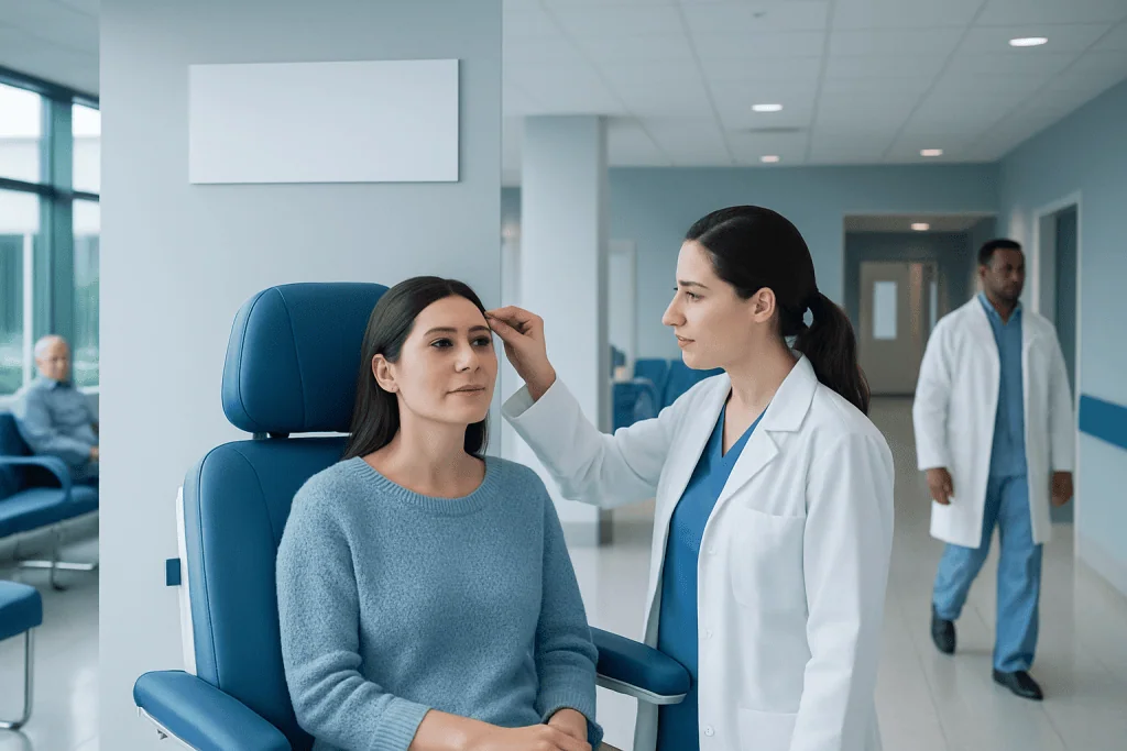 Eyebrow Transplant: Procedure, Recovery, and Long-Term Results 1 Doctor examining woman's eyebrows in a hospital setting.