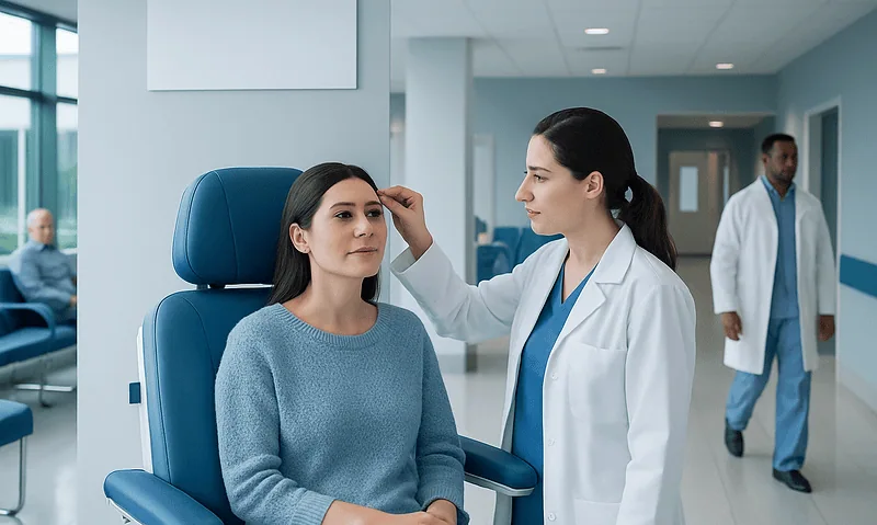 Doctor examining woman's eyebrows in a hospital setting.