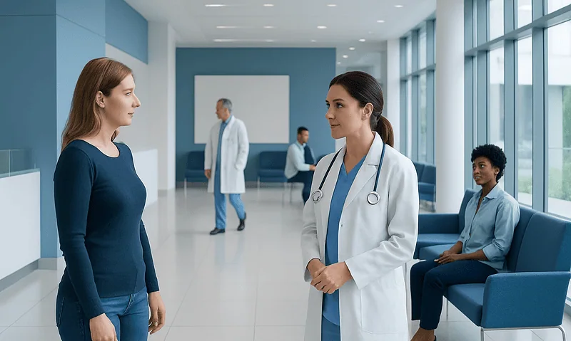 Doctor consulting a patient in a modern hospital corridor with waiting area.