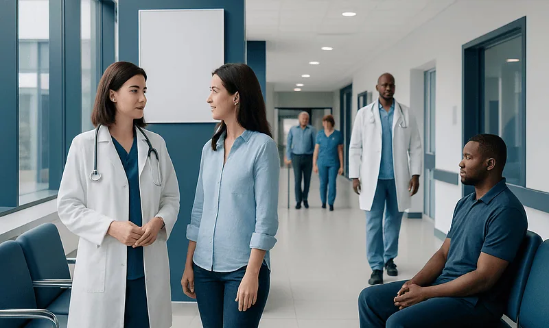 Medical professionals and patient in hospital corridor at Acibadem Hospitals Group.