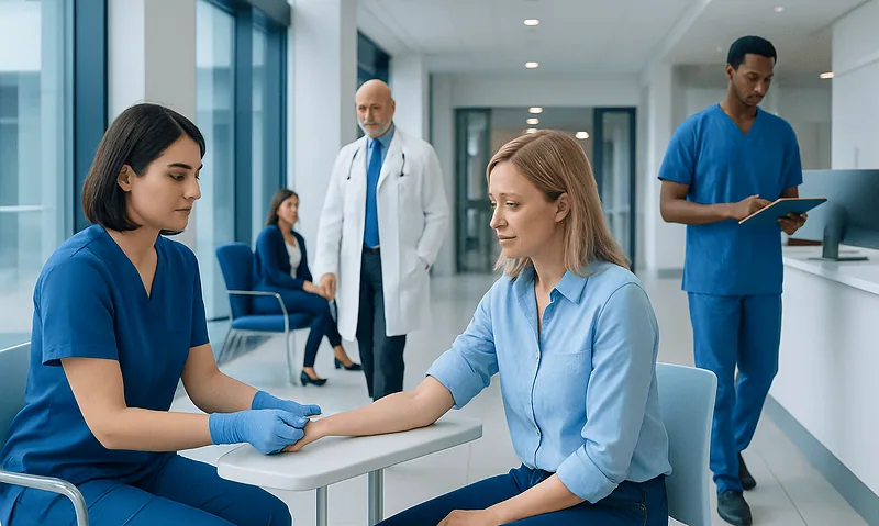 Medical professionals conducting a blood test in a hospital setting.
