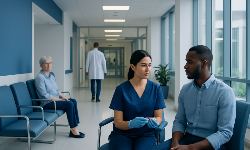 Healthcare professionals and patient in a hospital corridor.