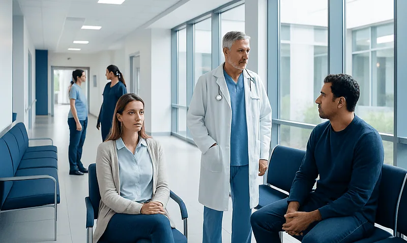 Doctor consulting with a patient in a modern hospital corridor.