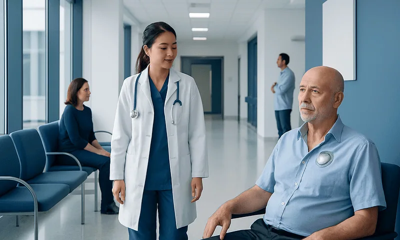 Medical team consulting patient in hospital corridor.
