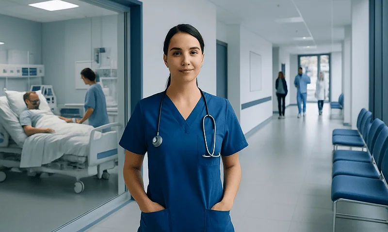 Young nurse in blue scrubs standing in hospital corridor with ICU patient room.