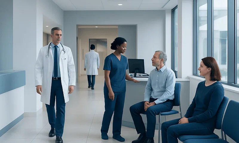 Igg Blood Test Explained: Reference Ranges and What Affects Them 1 Medical consultation in hospital corridor with doctor and patients.