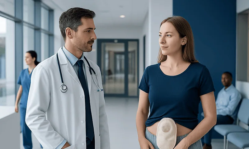 Doctor consulting a patient with an ostomy bag in hospital corridor.