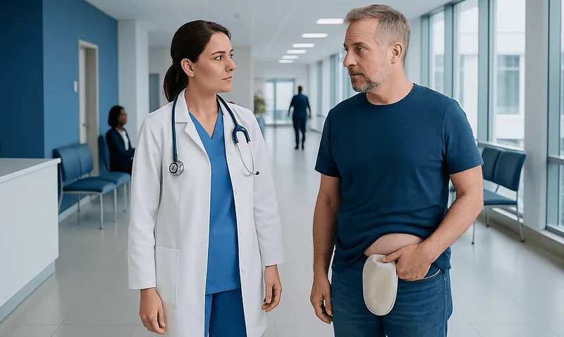 Doctor and patient having a conversation in hospital corridor.