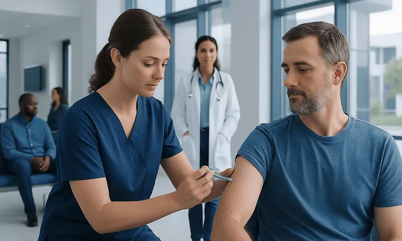 Nurse administering a muscle injection to a patient in a modern clinic setting.