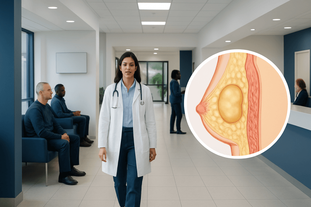 Image of a Lipoma: Symptoms, Causes, and Treatment Options 1 Medical professional in hospital corridor with diagram of lipoma.