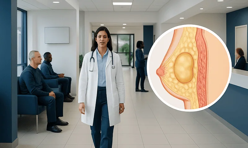 Medical professional in hospital corridor with diagram of lipoma.