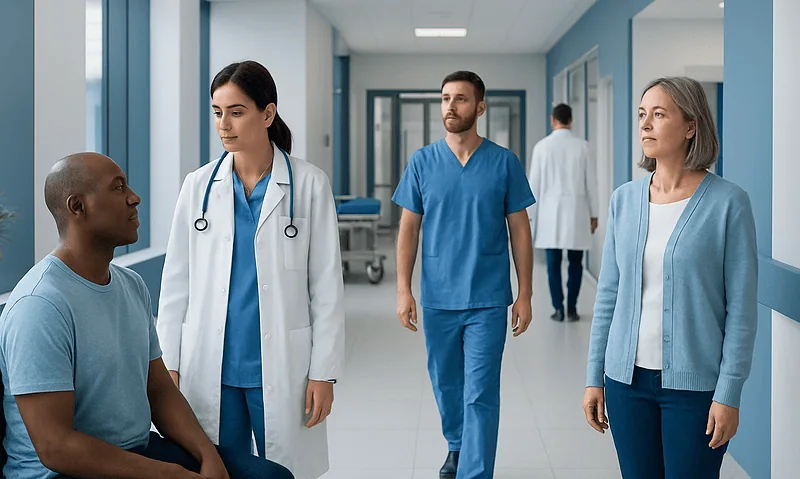 Medical team consulting with patient in hospital corridor.