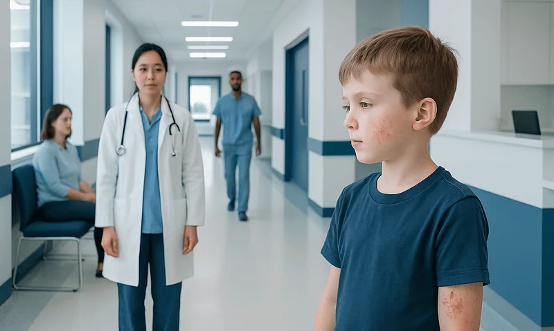 Child with skin rash in hospital corridor during medical consultation.