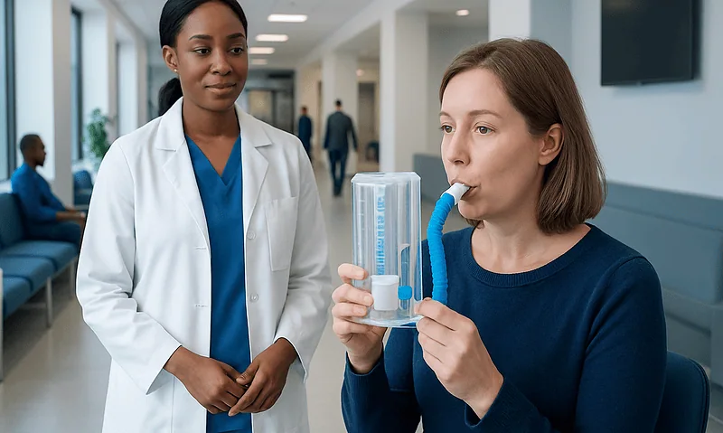 Patient using incentive spirometer with healthcare professional nearby.