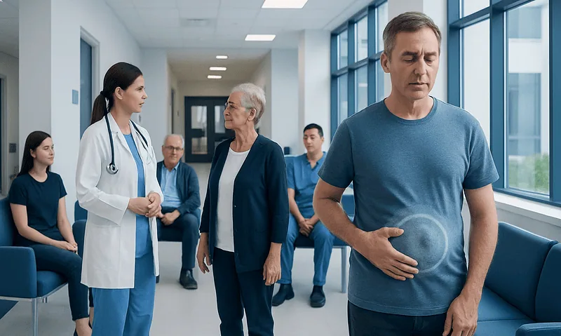Patient experiencing abdominal pain in a hospital corridor with medical staff nearby.